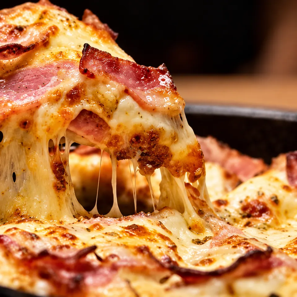 Pedaço de pizza Franbacon com queijo derretendo