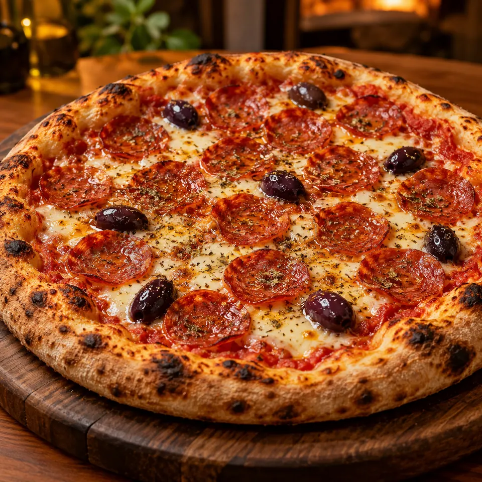 Pizza de pepperoni com azeitonas